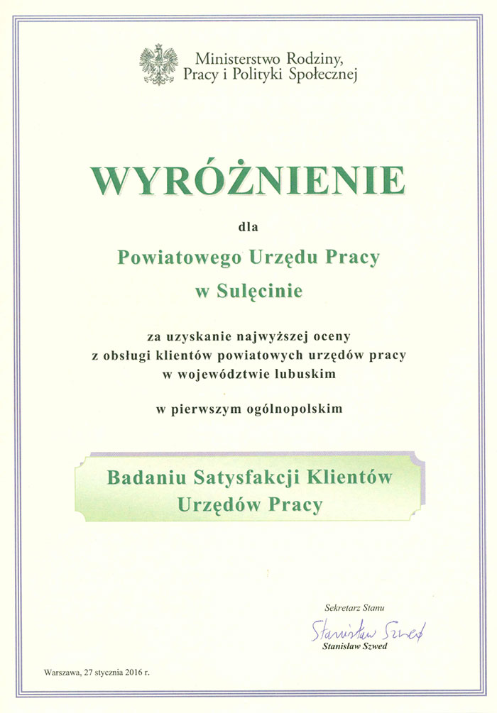 Wyróżnienie dla PUP Sulęcin